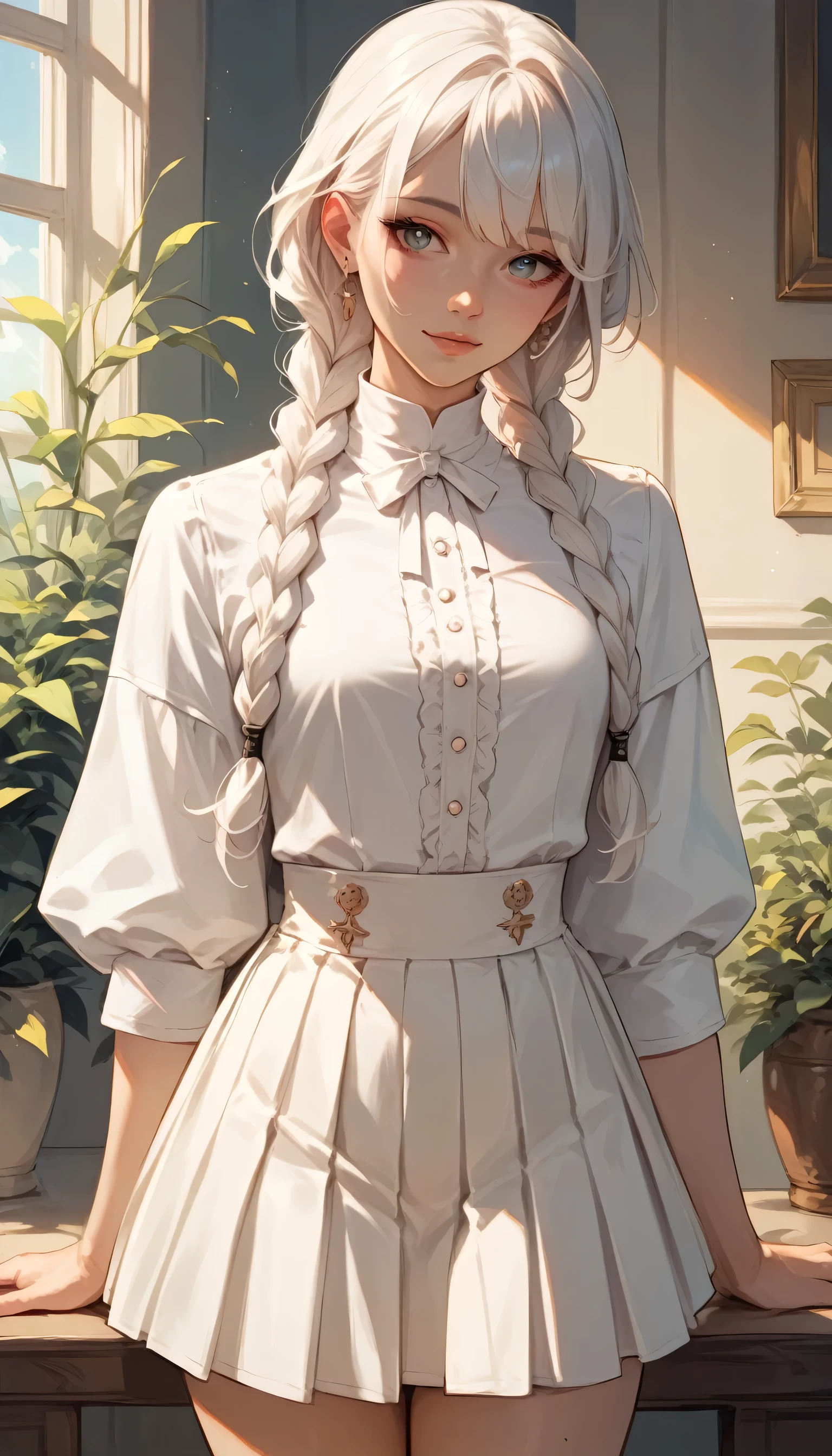 Izayoi Seishin artstyle, (score_9, score_8_up, score_7_up), (best quality, masterpiece),perfect anatomy,(aesthetic,very aesthetic),official style, (ultra-high resolution), 1girl, long white hair styled in two braids, white shirt, white mini skirt, playful and cute appearance