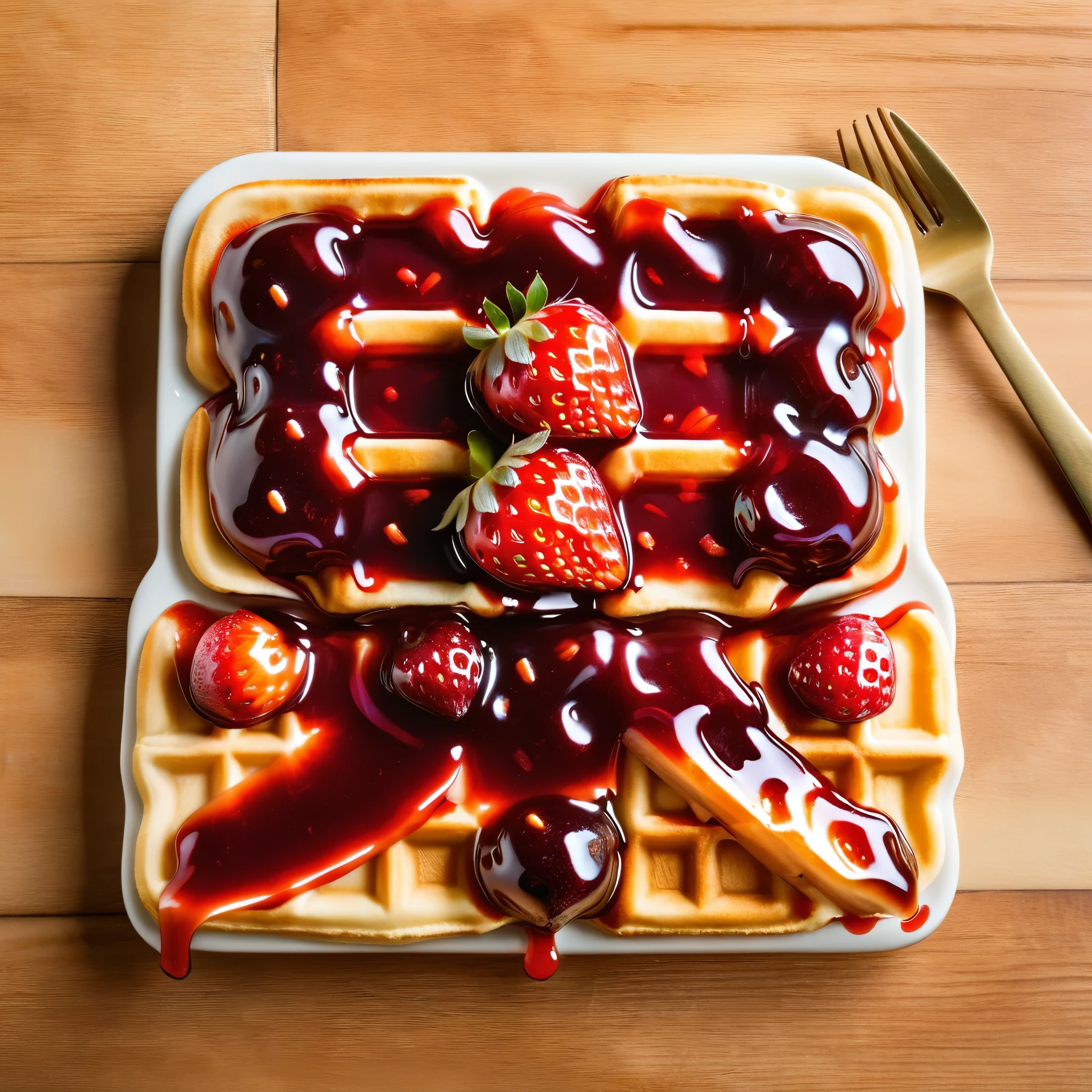 Cat eating strawberry jam on waffles