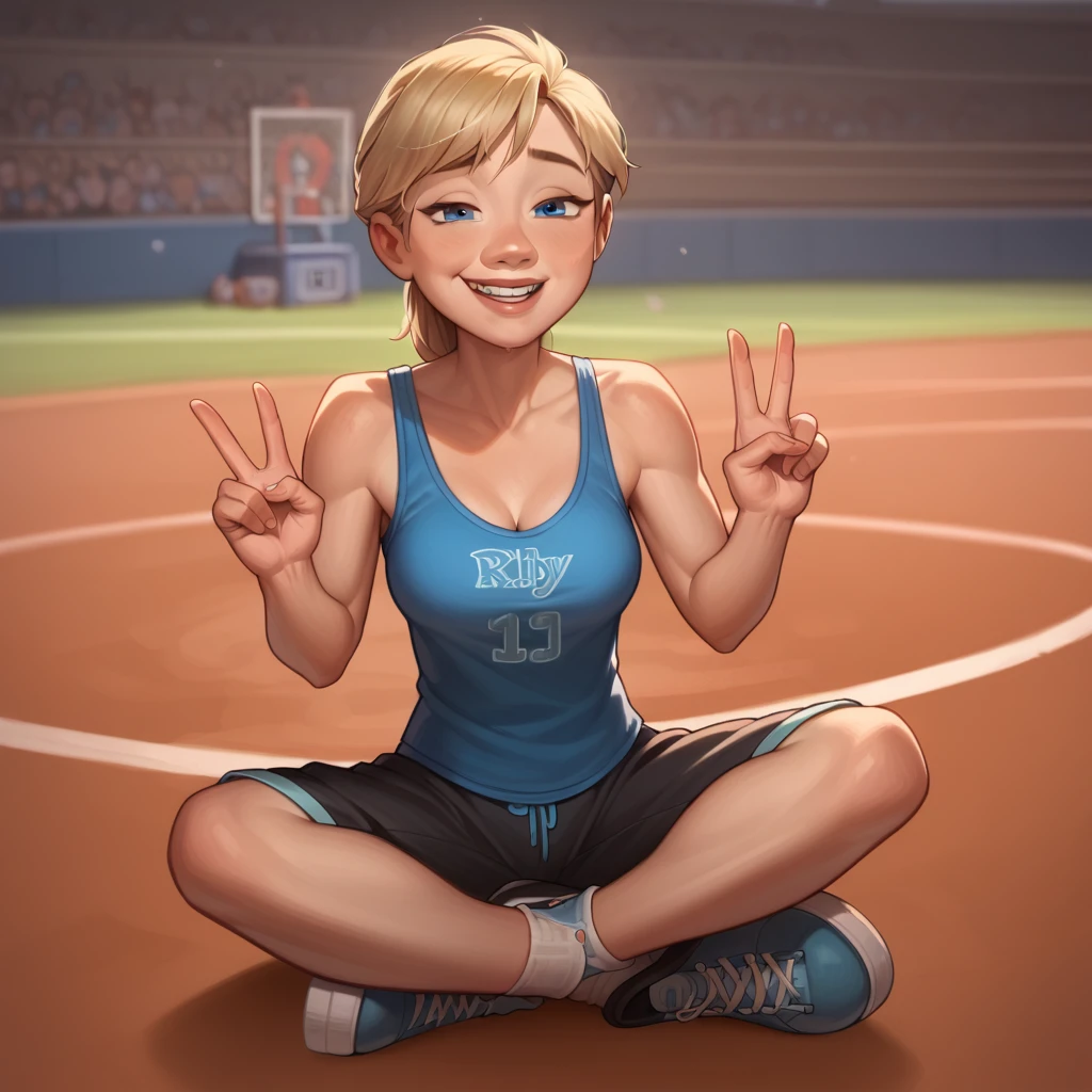 Riley Andersen, 1 girl, blonde hair, blue eyes, peace sign, ((mouth closed)), raised breasts, (medium breasts), hockey tank top, , sitting, 1 girl, alone, , prominent smile, looking at viewer, blowjob, hands crossed, full body, post photos, best quality, flawless