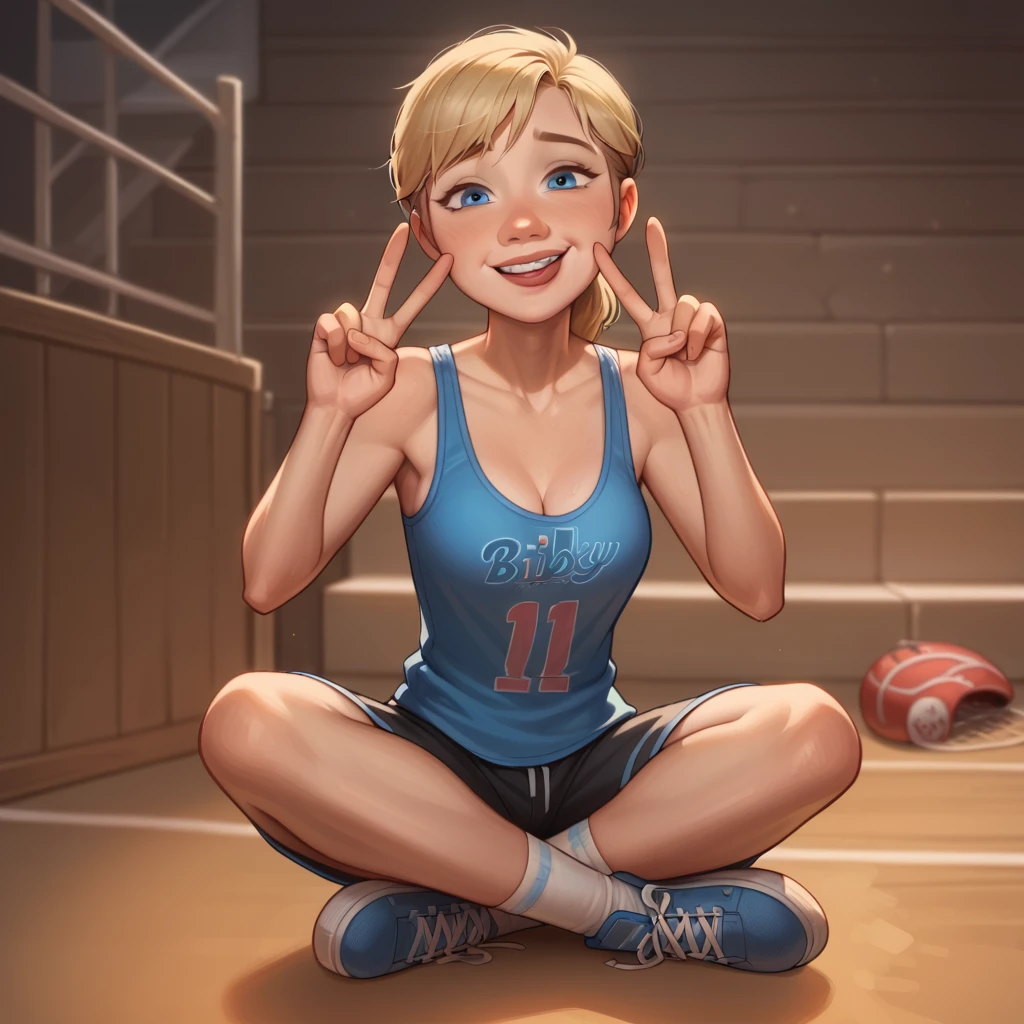 Riley Andersen, 1 girl, blonde hair, blue eyes, peace sign, ((mouth closed)), raised breasts, (medium breasts), hockey tank top, , sitting, 1 girl, alone, , prominent smile, looking at viewer, blowjob, hands crossed, full body, post photos, best quality, flawless