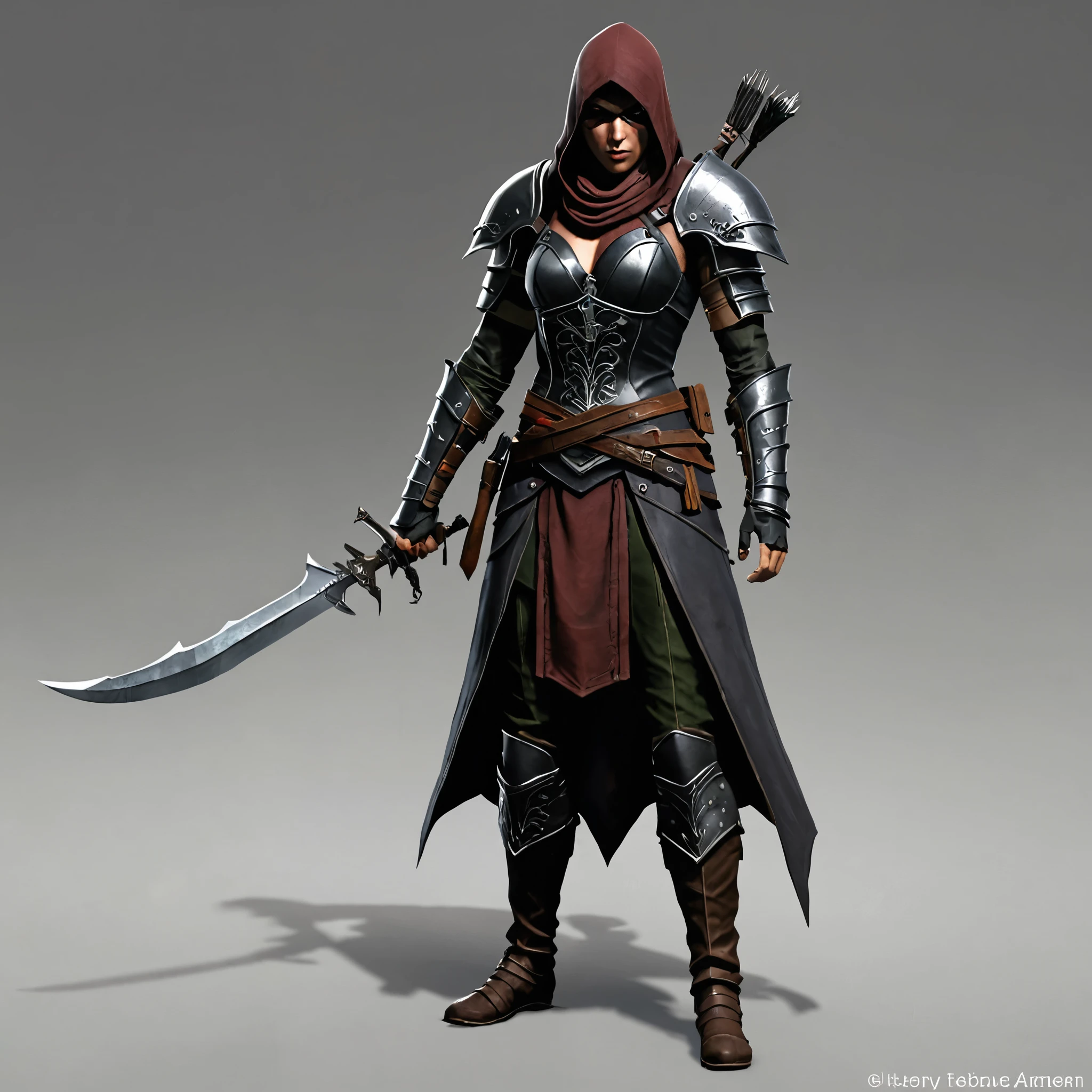 Level 6 Human Assassin Rogue, Chaotic Good, Equipped with: two daggers, a short sword and a quiver of arrows. 