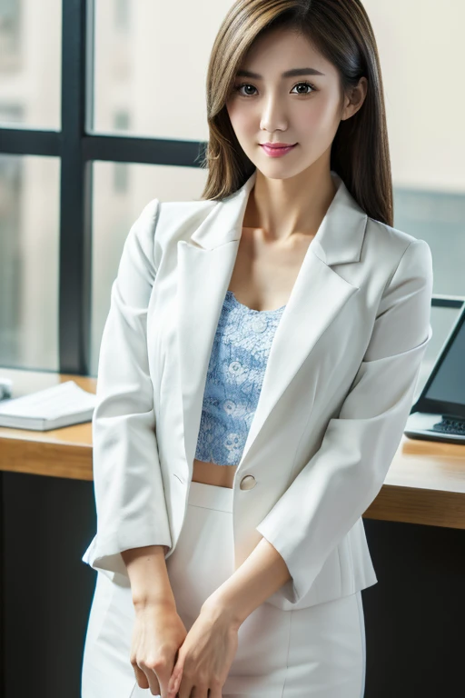 masterpiece, highest quality, Photoreal, Super detailed, finely, High resolution, 8k wallpaper, Professional, Advanced level of detail, 1 girl, thin japanese woman, ((facing the front)), detailed clavicle, perfect face, straight hair, (look straight at the camera)white skirt and white blazer、Posing in the office area
