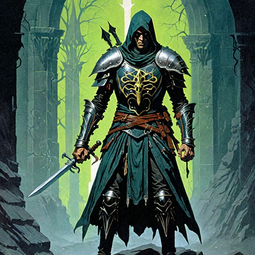 Level 6 Human Assassin Rogue, Male, Chaotic Good, Criminal background, Equipped with: two daggers, a short sword and a quiver of arrows. (DnD_Grainyboyz, grainy, noise, 1970âs dark fantasy book cover paper art dungeons and dragons style drawing,, famous artwork by (gerald brom:1.3) and (wayne reynolds:1.2) and (lars grant-west:1.2) and (carl frank:1.3), detailed expressive eyes, fantasy style,)