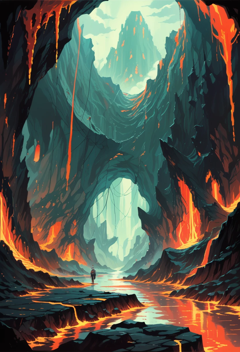 Cave interior scene, Horizontal Scene, Scene with a game sideboard, retro cyberpunk style, The Age of Steam, Parallel perspective, cyberpunk, Lava Cave Scene, Beware, retro