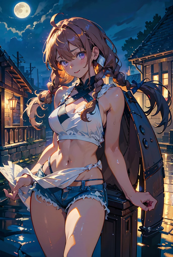 ((masterpiece)), ((Best quality)), (high resolution), (illustration), (an extremely delicate and beautiful), (ultra detailed beautiful face and eyes), nsfw,   1girl, leaning forward,  YukineChris, long hair, purple eyes, twintails, low twintails, ahoge, large breasts,volumetric lightning, moon night,knight_armor
detailed skin texture, detailed, volumetric shadow, anime screencap,Highest quality, Sorceress, ancient babylonian nobility, ((tan skin:1.2)), (brown skin color),Long hair, twin braids, hair ornament, wine colored hair, smile, Below average size breasts, bare shoulders, Leg spread、Groin、Yukine Chris、Wet condition
nude、Wet_shirt,Wet _underwear、tear_underwear
8K, masterpiece, Best_quality, high_resolution, ultra_details, detailed, 1girl, 独奏, looking_at_viewer, upper_body, braid, bangs, white_hair, hair_ribbon, hair_between_eyes, blue shorts、style(open_reg,hip_up)

sidelocks,depth_of_field,french_braid, sharp focus, perfect hands, perfect face, perfect eyes, perfect light, dynamic light, natural light, Masterpiece, Best quality, Cang、green、moon、