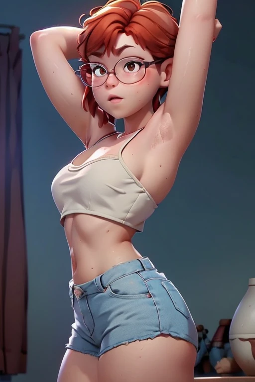 spaghetti strap crop top, daisy dukes, thick thighs, short bob cut, red hair, glasses, ((arms raised)), sideboob, massive breasts, ((full body view)), strong back light, soft atmospheric light, soft fill light, wide aperture lens, frustrated, f/1.8, bokeh, from below, from side, anatomically correct, high definition, high resolution, strapless, 