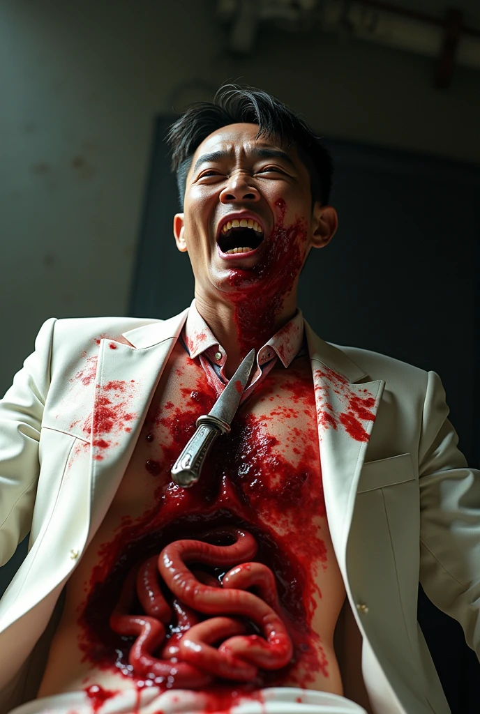 An old, skinny Japanese man in a suit was found dead on the floor in a gruesome manner.、His clothes and face were covered in blood and it was awful.。The entire body is photographed from above, in a frontal composition.。
