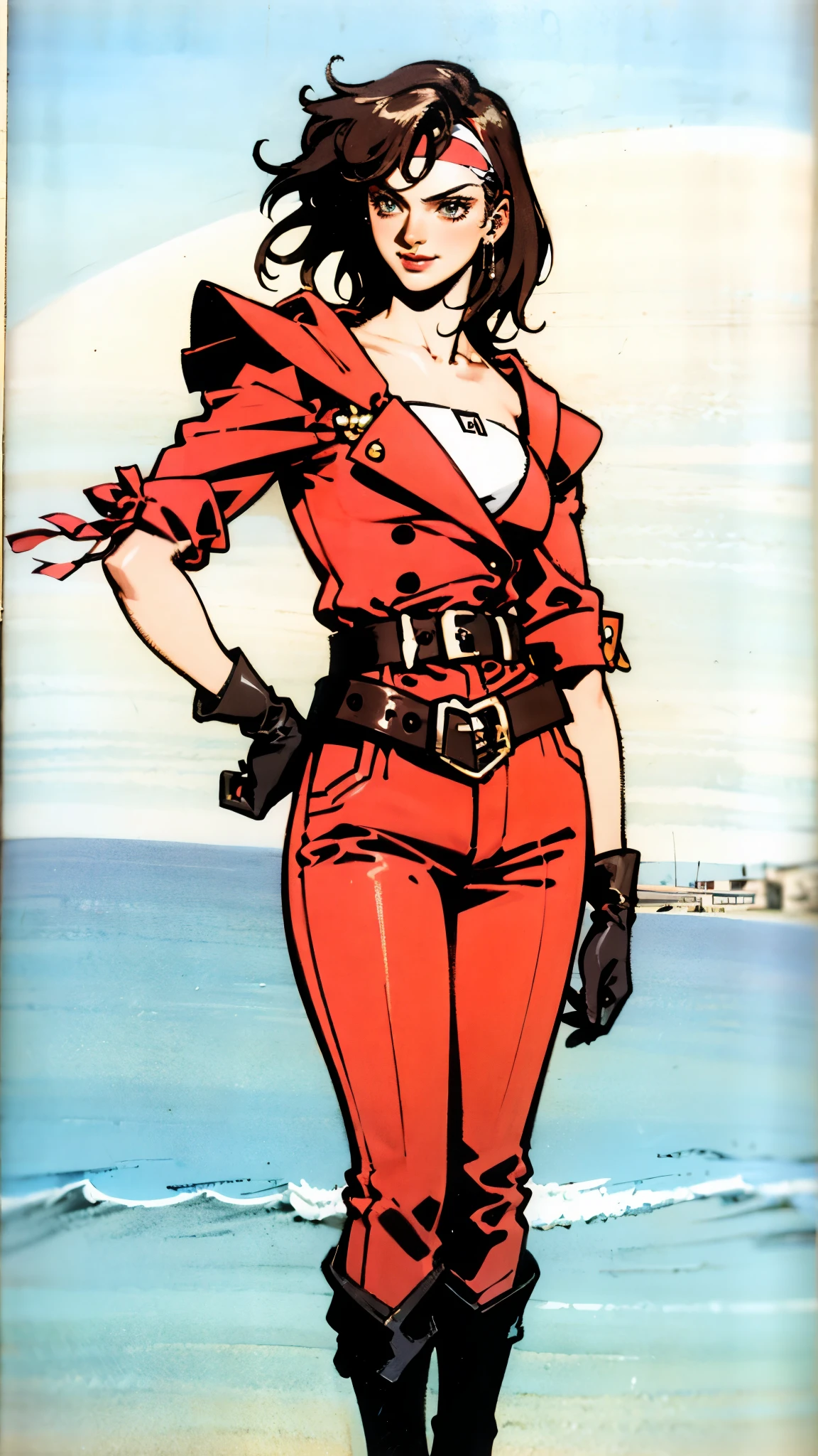 (masterpiece:1.2, best quality:1.2, extremely delicate:1.2), ((Alexandra Daddario:1.2)), a women with short gray hair, Wearing a brown headband, deep-set eyes, a determined expression, a smiling face, a tall stature, a two-piece fantasy pirate-style leather outfit, flowing lower hem, short sleeves, gloves, a belt around her waist, coarse fabric trousers, long leather boots, the color scheme includes yellow and light blue and black and red, right hand on her hip, the background showcases the raging sea with towering waves, in the distance a thriving city can be seen, this character embodies a finely crafted fantasy-style pirate, exquisite photography, Photo realism, photorealistic, perfect skin, even and soft lighting on face, dramatic, high definition, highres, ultra-detailed, ultra-fine painting, professional, perfect body proportions, golden ratio, anatomically correct, symmetrical face, extremely detailed eyes and face, high quality eyes, creativity, RAW photo, UHD, 32k, portrait lighting, Natural light, cinematic lighting, (masterpiece-anatomy-perfect:1.2)