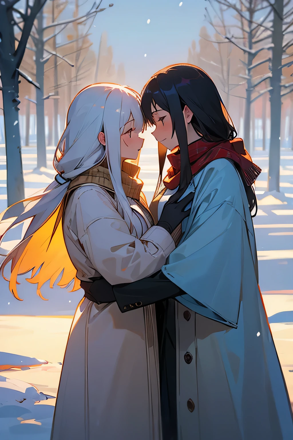 Two women embracing each other in the snow　lily　Light of the sun　Long Hair　Winter clothes　Scarf　coat　nature　Open background　Gazing at each other