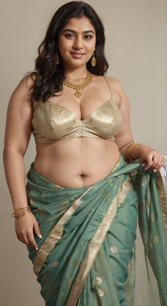 Foto RAW, photorealistic, photography, full body shot, master shot, perfect eyes, goddess like beauty, pierced eyes, perfect thick chubby mallu Desi aunty bhabhi, Full figured woman, juicy thick figure, bulky figure, curvy, fleshy curvy figure, voluptuous body, wide body, full figured aunty, Sexy navel folds, fleshy figure, heavy figure, Wearing a Stanapatta, a chest-band.Saree model, model Photography, Indian saree shoot, Indian traditional wear advertising photography, traditional wear brand shoot, face of Indian actress Sonakshi Sinha, masterpiece, realistic, realism, incredible details, pleasure, photorealism, detailed skin, skin pores, high contrast, photorealistic Artstation 8k HD digital art trend of high definition and detailed realistic skin texture, ultra detail, realistic skin texture, armature, best quality, ultra high definition, (photorealistic:1.4),, high resolution, detail, raw photo, sweat, Re sharp, by Lee Jefferies Nikon D850 Film Stock Photo 4 Kodak Portra 400 Camera F1.6 Lens Rich Color Ultra Real Realistic Realistic Textures Dramatic Lighting Unreal Engine Trending at Art Station Cinestill 800,(pele altamente detalhada: 1.2), 8k UHD, DSLR, soft-lighting, alta qualidade, grain of film, Fujifilm XT3,she didn't like to wear blouse or bra, She doesn't like to wear bra or blouse as it is against her traditional customs, wearing a Bra or blouse is against her forbidden in her tribes ritual, traditional no blouse saree, detailed hairy armpits, hyper realistic skin, skin pores, sweat, veins,
