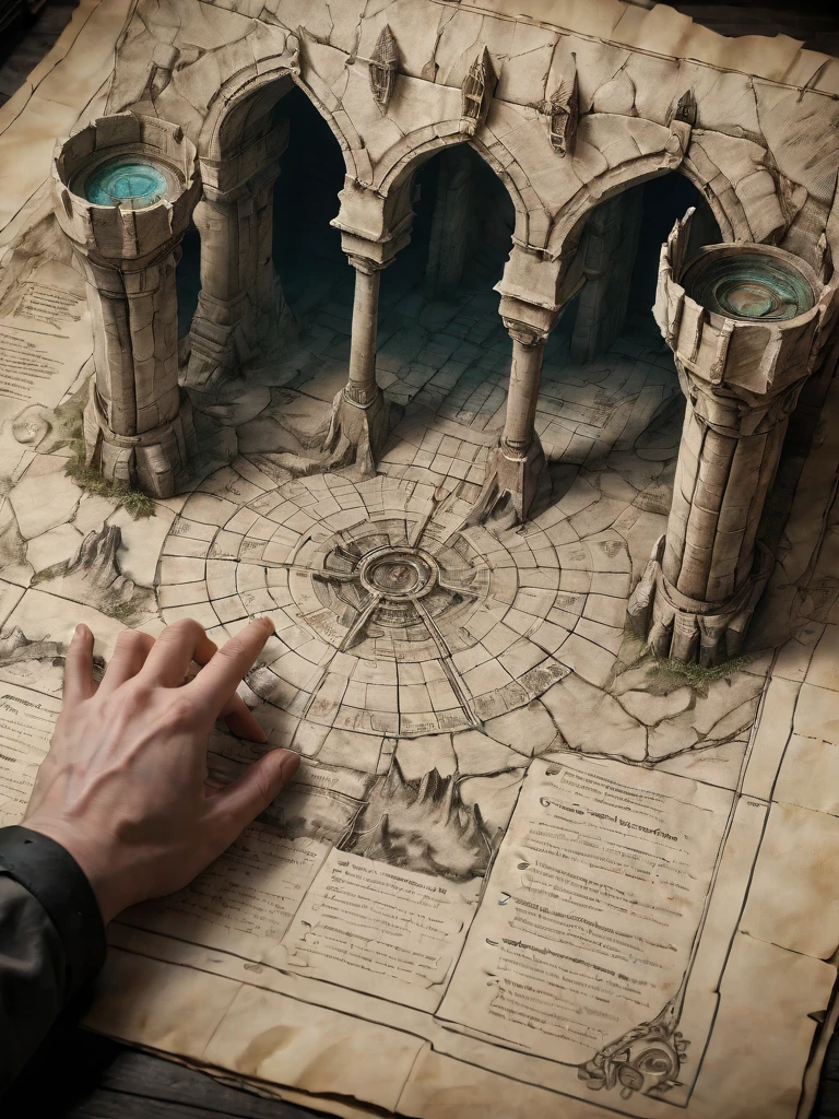 first person perspective looking at a diagram of a fantasy dungeon, traditional media, fantasy parchment, held, hands, anime screengrab, csu, cross-section, from the side, underground, burrow, fantasy landscape, national geographic, best quality, masterpiece,