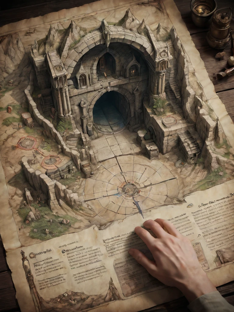 first person perspective looking at a diagram of a fantasy dungeon, traditional media, fantasy parchment, held, hands, anime screengrab, csu, cross-section, from the side, underground, burrow, fantasy landscape, national geographic, best quality, masterpiece,