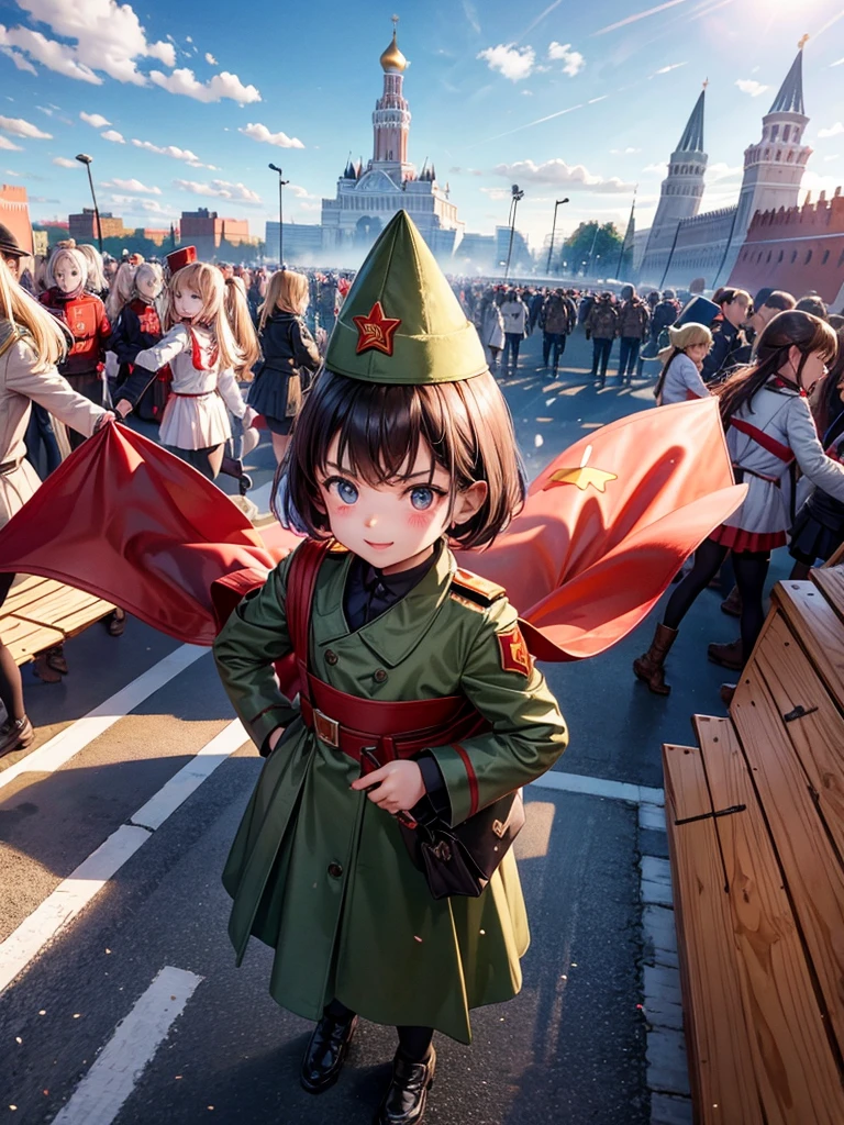 soviet anime petite children army is marching on the red square at kremlin in moscow, ussr