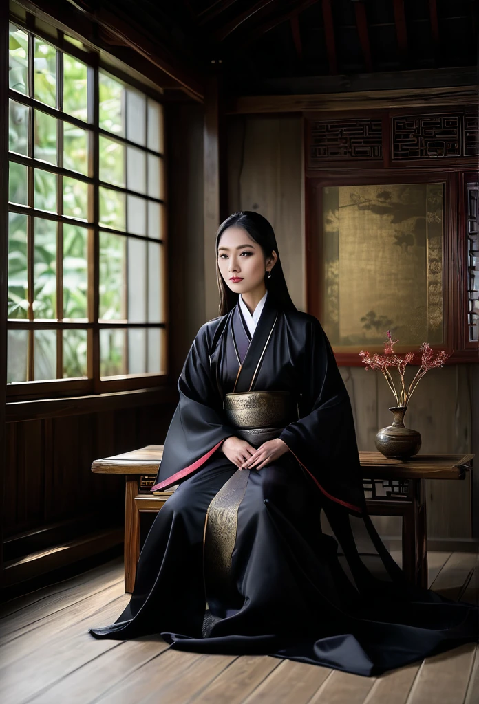 A female Tripitaka priest wearing a black, transparent robe、Bewitching pose