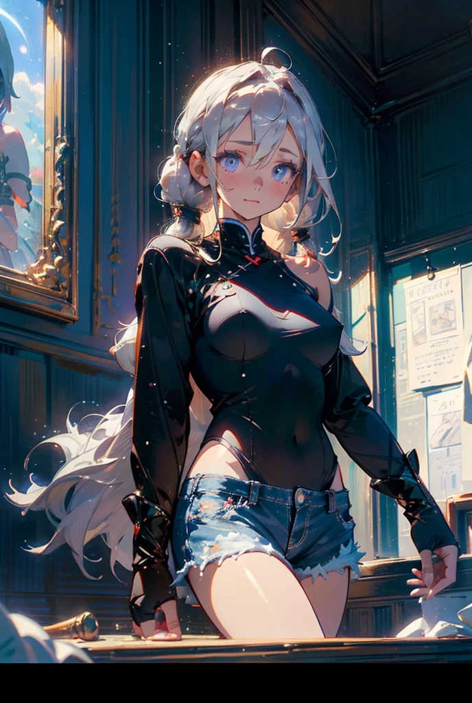 ((masterpiece)), ((Best quality)), (high resolution), (illustration), (an extremely delicate and beautiful), (ultra detailed beautiful face and eyes), nsfw,   1girl, leaning forward,  YukineChris, long hair, purple eyes, twintails, low twintails, ahoge, large breasts,volumetric lightning, moon night,knight_armor
detailed skin texture, detailed, volumetric shadow, anime screencap,Highest quality, Sorceress, ancient babylonian nobility, ((tan skin:1.2)), (brown skin color),Long hair, twin braids, hair ornament, wine colored hair, smile, Below average size breasts, bare shoulders, Leg spread、Groin、Yukine Chris、Wet condition
nude、Wet_shirt,Wet _underwear、tear_underwear
8K, masterpiece, Best_quality, high_resolution, ultra_details, detailed, 1girl, 独奏, looking_at_viewer, upper_body, braid, bangs, white_hair, hair_ribbon, hair_between_eyes, blue shorts、style(open_reg,hip_up)

sidelocks,depth_of_field,french_braid, sharp focus, perfect hands, perfect face, perfect eyes, perfect light, dynamic light, natural light, Masterpiece, Best quality, Cang、green、moon、