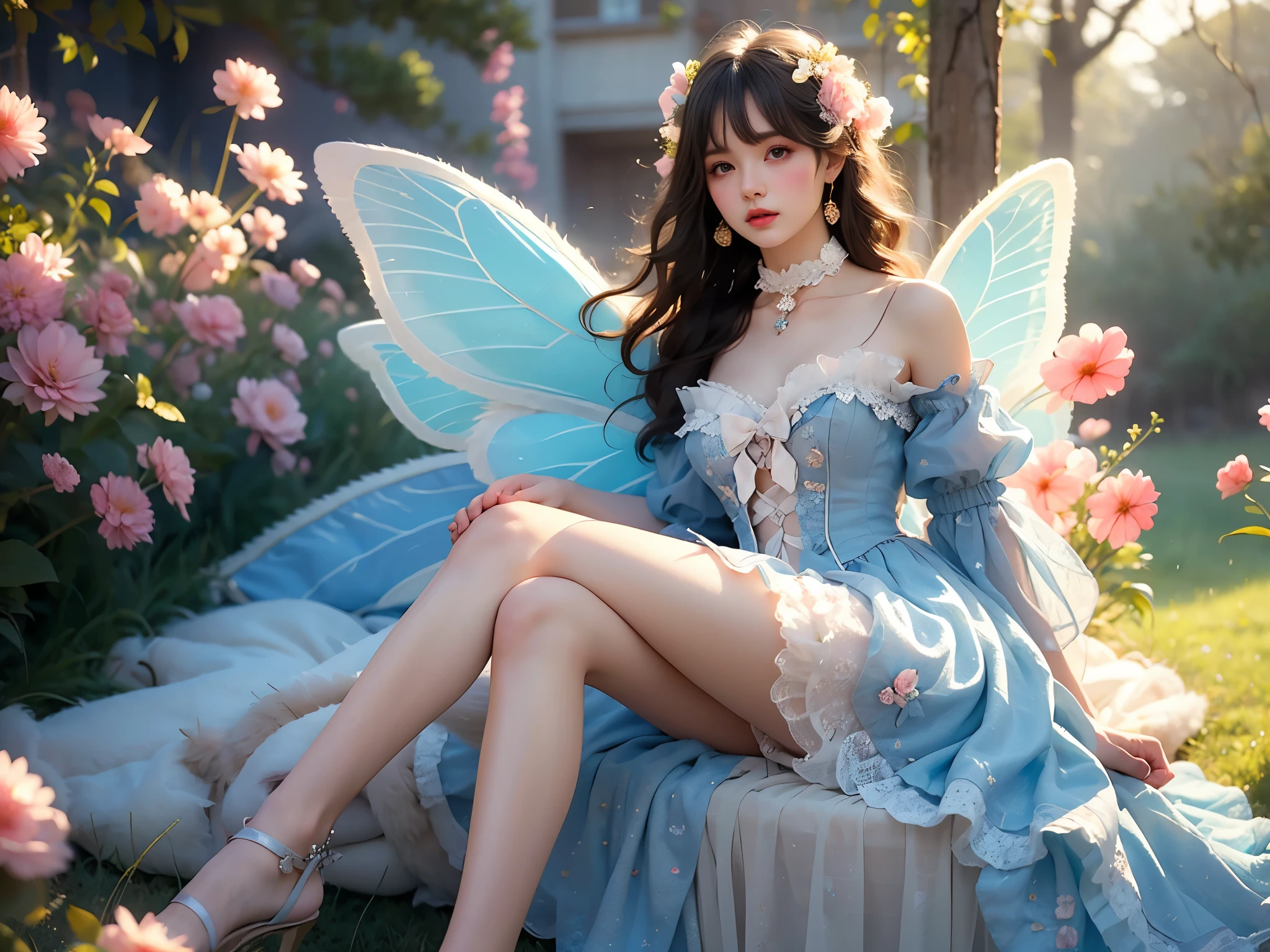 blue dress,blue sleeves, dress bow,layered dress,choker,butterfly wings,hair flower,long dress, (High quality details), 1girl, 独奏, Young women, Elegant posture, (Natural reclining posture), (Focus on natural body posture and correct anatomy:1.3), (Perfect leg proportions:1.3),(True and accurate leg shape:1.2), The skirt is short, Caress the skirt, Bare shoulders, Natural posture, Soft expression, Exquisite makeup, Soft blush, Bright eyes, Soft lips, Flower fairy style, ((Anatomically accurate)), (Real and natural legs), Smooth skin, Soft Lighting, high resolution, 8K Ultra HD, Sharp focus, Professional photography effects, Random elegant scenes, Multi-angle shooting