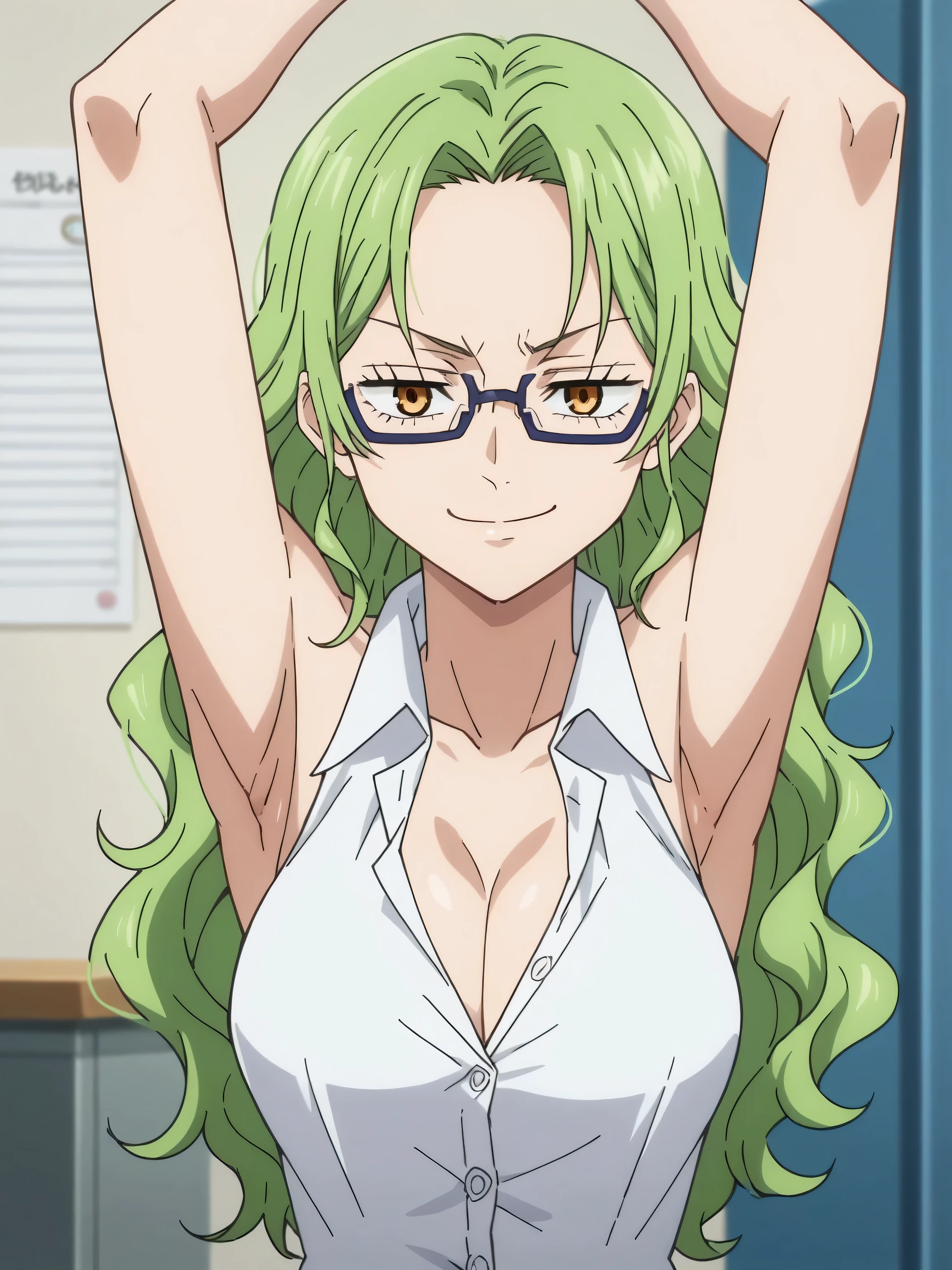 score_9, score_8_up, score_7_up, source_anime, anime screencap, 1girl, solo, indoors, office, office lady, Monet, green hair, wavy hair, amber eyes, glasses, shirt, formal shirt, collared shirt, open collar, white shirt, sleeveless shirt, cleavage, collarbone, bare shoulders, bare arms, looking at viewer, eye contact with viewer, facing viewer, smile, smug, closed mouth, arms up, raised arms, armpits, jujutsu_kaisen_style,