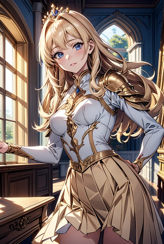 
Masterpiece, Best Quality, Detail, A beautiful warrior/ Princess golden armor pleated skirt long blonde hair blue eyes small breasts running towards her first adventure 