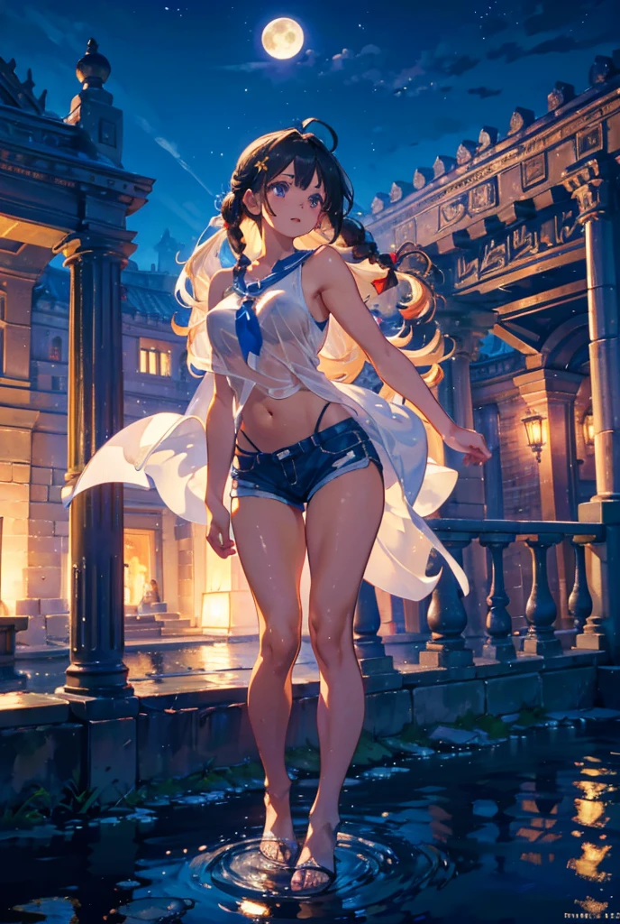 ((masterpiece)), ((Best quality)), (high resolution), (illustration), (an extremely delicate and beautiful), (ultra detailed beautiful face and eyes), nsfw,   1girl, leaning forward,  YukineChris, long hair, purple eyes, twintails, low twintails, ahoge, large breasts,volumetric lightning, moon night,knight_armor
detailed skin texture, detailed, volumetric shadow, anime screencap,Highest quality, Sorceress, ancient babylonian nobility, ((tan skin:1.2)), (brown skin color),Long hair, twin braids, hair ornament, wine colored hair, smile, Below average size breasts, bare shoulders, Leg spread、Groin、Yukine Chris、Wet condition
nude、Wet_shirt,Wet _underwear、tear_underwear
8K, masterpiece, Best_quality, high_resolution, ultra_details, detailed, 1girl, 独奏, looking_at_viewer, upper_body, braid, bangs, white_hair, hair_ribbon, hair_between_eyes, blue shorts、style(open_reg,hip_up)

sidelocks,depth_of_field,french_braid, sharp focus, perfect hands, perfect face, perfect eyes, perfect light, dynamic light, natural light, Masterpiece, Best quality, Cang、green、moon、