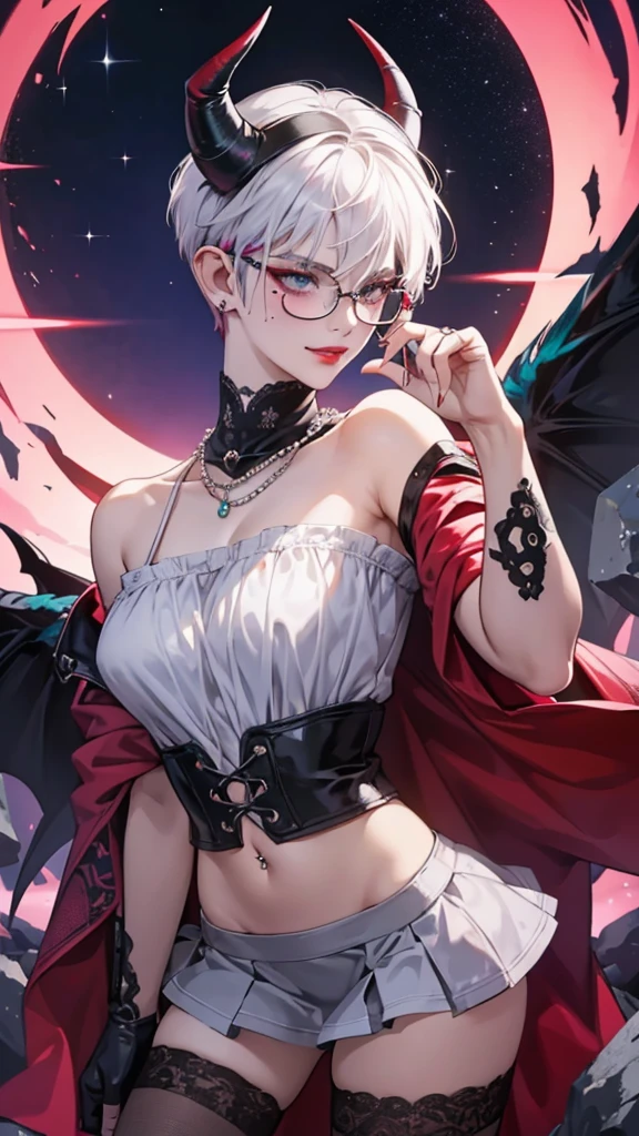 8k, masterpiece, best quality, highly detailed, 1 girl, tiefling, warlock, pixie cut, multicolored hair, very short straight hair green highlight hair on white hair, strippled hair, wearing glasses, round glasses, earrings, navel piercing, red eyeshadow, long eyelashes, blushed cheek, red lips, necklace, rings, collarbone, mole on face, glamorous, red and purple clothes, smirk, close up view, rings, looking at viewer, demon horns, solo, blue pale moon, standing, royal dress, devil books.