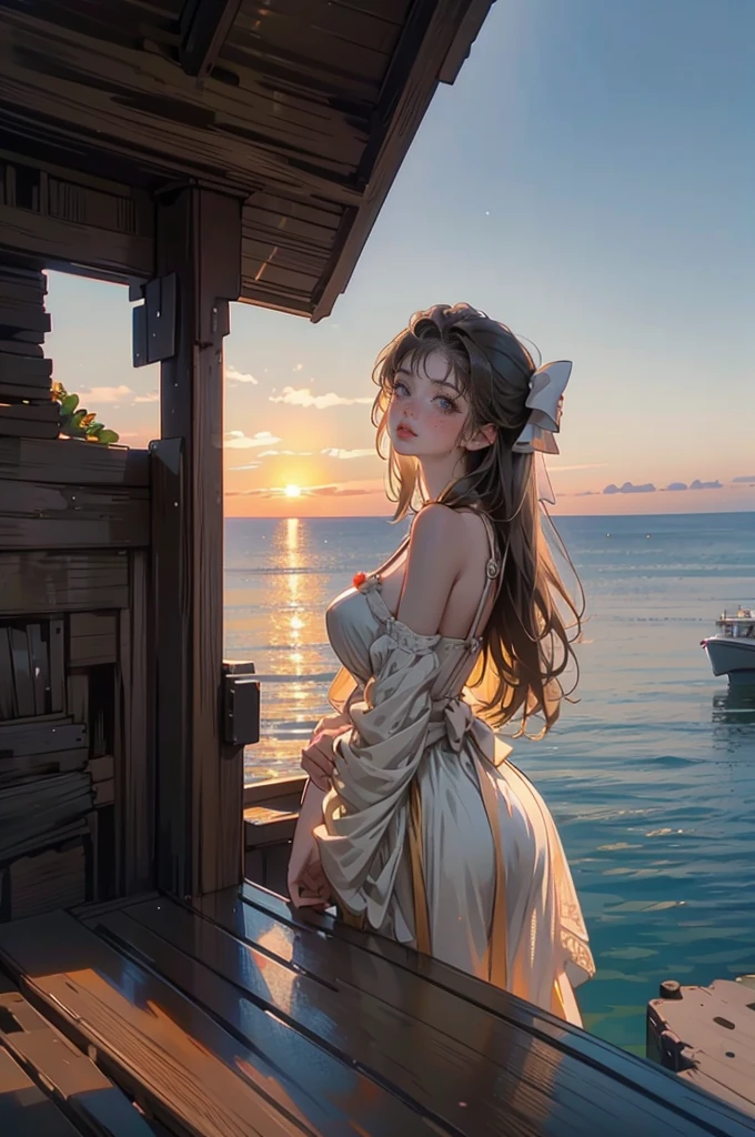 Create a photorealistic, hyper-detailed image using a drone shot to capture a beautiful, curvy Russian woman in a short, flowy sundress. Position her at the bow of a yacht against the backdrop of a setting sun. Add film grain and employ the best shadow techniques for a golden-hour glow. Export in RAW with a nautical, sunset Instagram LUT.
