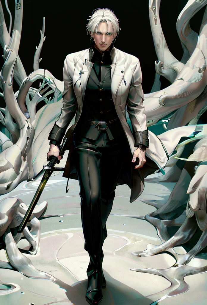 (masterpiece), (Defined details), 40 year old man, green eyes, White hair,  trench coat in white with black trim, Black pants, brown boots, holding a sword, (4k)