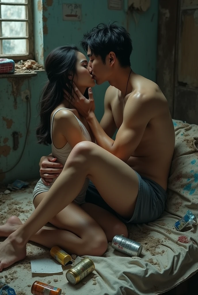 Handsome Korean man kisses prostitute on scavenger&#39;s bed, which is dirty and full of garbage