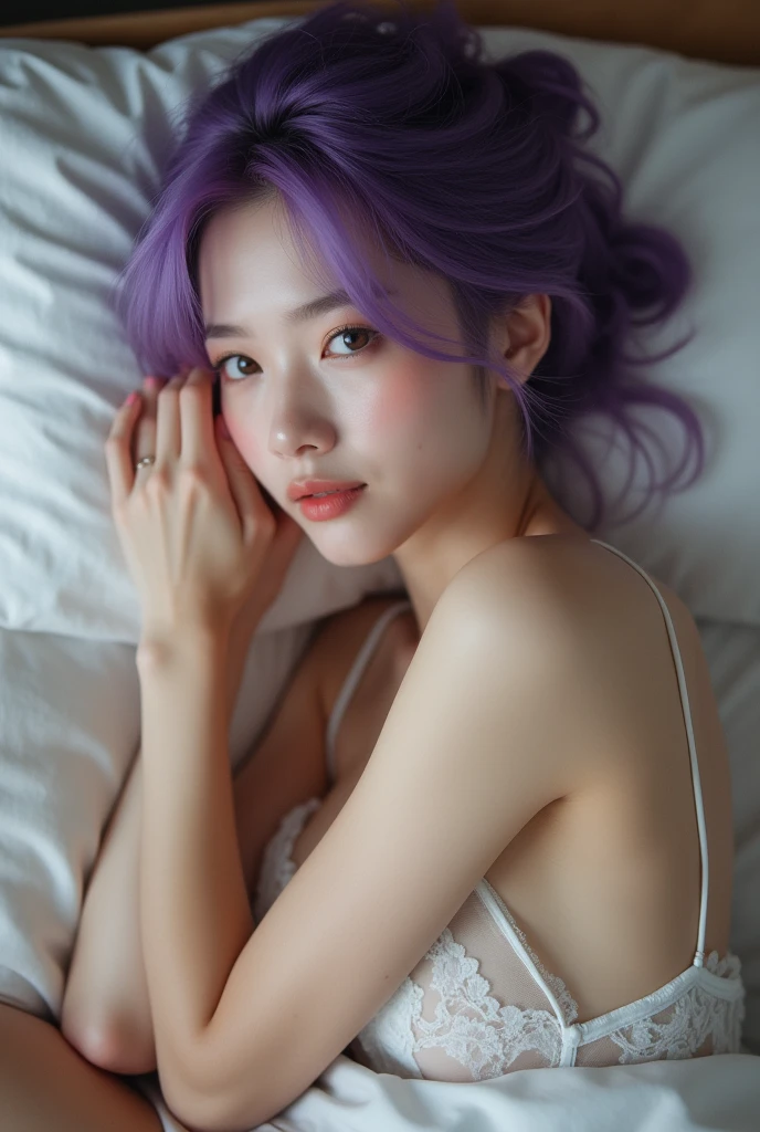 Top quality, RAW Photo, Highest Quality Image, 16K, Full body, Age 18 years old, Realistic, Photorealistic, Beautiful Thai Girl, Sexy, Perfect slender body, Supermodel Body shape, White pale skin, Beautiful hair, Wavy hair, Bright Purple Hair Color, Beautiful hairstyle, Detailed face, Detailed body, Detailed skin, Double eyelids, Big eyes, long eyelashes, bright eyes, green eyes, natural lips, detailed lips, slender legs, Open leg, thin waist , small hip, Naked, Pussy, detailed pussy, Hairy, Pink nipples, Round shape breasts, detailed breasts, Beautiful breasts, Small Breasts, Perfect breasts, small thighs, posing at a Empty Room, Nude and Erotic Photoshoot, White tone light , Bright light , smiling, perspective from below