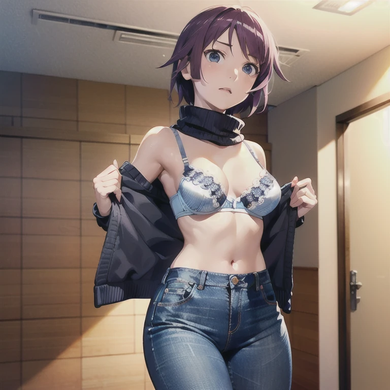 (((Taking off a sweater in the changing room、Bra is visible)))、(Hitagi Senjougahara)、Small breasts、、Are thin、Embarrassing、surprise,(Skinny jeans),