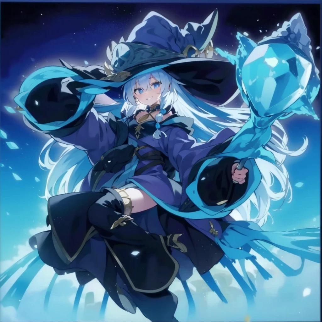 1girl,solo,grin,smile,wide sleeves,magi-robe,white-hair,long hair,blue eyes,witch hat,holding staff,staff with crystal,cute pose