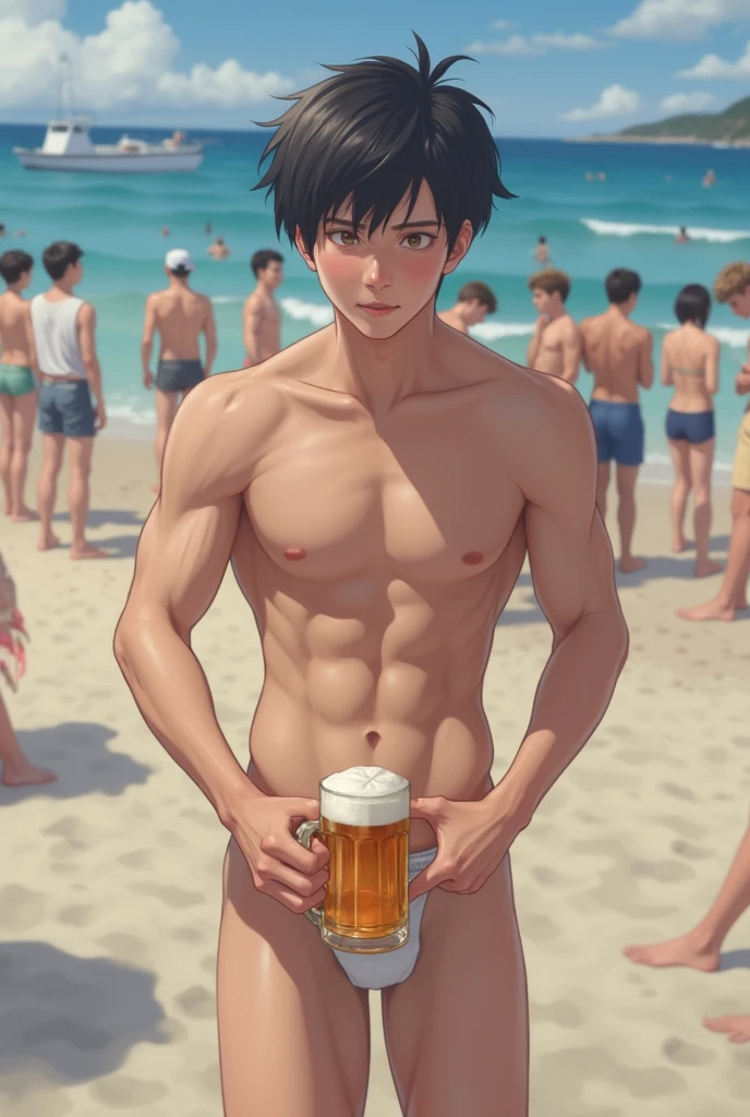((Best Quality)),NSFW,((Realistic)),((Absurd resolution,Ultra High Resolution,Highly detailed)),(Highly detailed face:1.2),8k,RAW,cinematic lighting,1girl,((Japanese)),(young female),(feminine)((beautiful)),(pretty face),(Armpit hair:1.3),(open mouth:1.3),(cry:1.2),(erect penis:1.3),(cum:1.2),(funny pose),front shot,(beautiful detailed eyes:1.2),large iris,brown eyes,detailed skin,(pale skin),(wet skin:1.3),(full nude:1.4),(Pubic hair:1.2),Thick eyebrows,droopy eyes,straight eyebrows,Low eyebrows,(thick lips:1.2),(Glossy lips),(lip stick),((blush)),(young),(Tall body),(slim),((curvy hips)),((round hip)),(athletic body:1.4),((wide forehead)),((Pulled back hair)),braid,Perfect Anatomy,(flat chest:1.35),Black medium hair,Erect nipples,muscular,beach