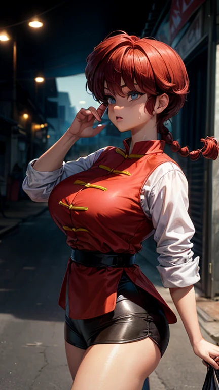 Female Ranma Saotome. red hair. small saggy breats. huge hips. choker. jeans. shirt