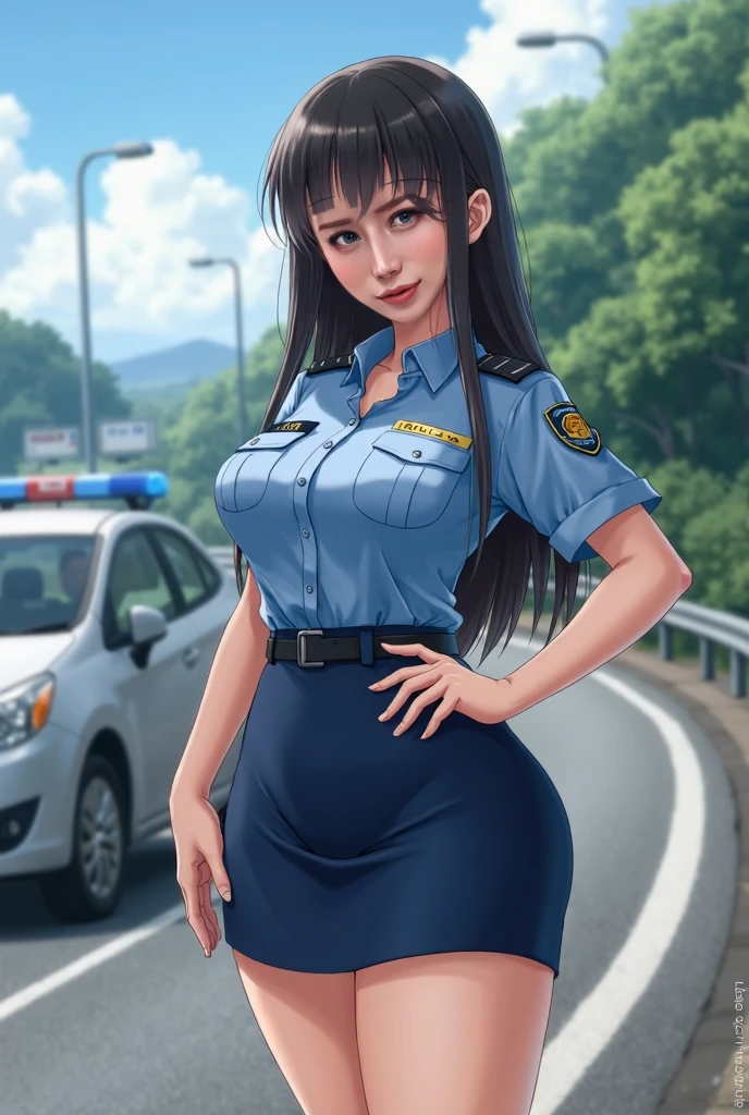 a woman, standing, full body, ((solo)),close up, (dynamic pose:0.9), photorealistic, (hyperrealistic:1.2), beautiful, masterpiece, best quality, extremely detailed face, perfect lighting, medium breasts, (wide hips:1.2), nsfw, (from front), glowing, , (( black long hair)), perfect eyes, large eyes, curly eyelashes,(( dressed as a police officer)), ((white mini skirt)) , (exited face:1.1) , ((perfect face)), ((fishnets)), (((horny))), ((perfect hands)), (red rose on the head), (perfect hands),