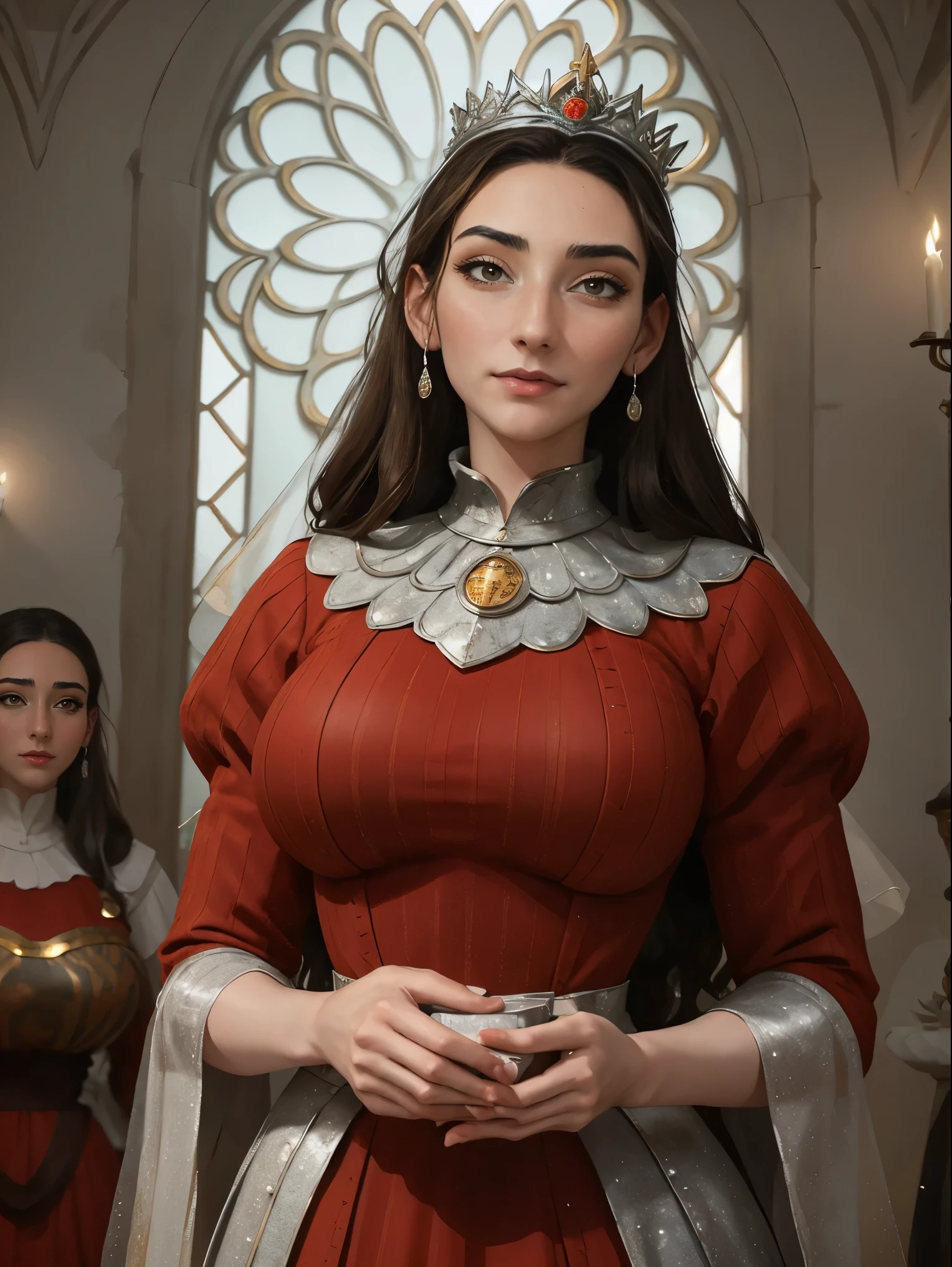 Beautiful and regal, imperious and aloof, busty athletic (thin) brunette queen with sharp facial features wearing a modest updo, dark red medieval dress, long sleeves, intricate patterns, scrollwork, wide neck, crown, veil, long dress, modest dress, tight bodice, (silver waist chain), medieval jewelry, Middle Ages, castle, rampart, wall, stained glass