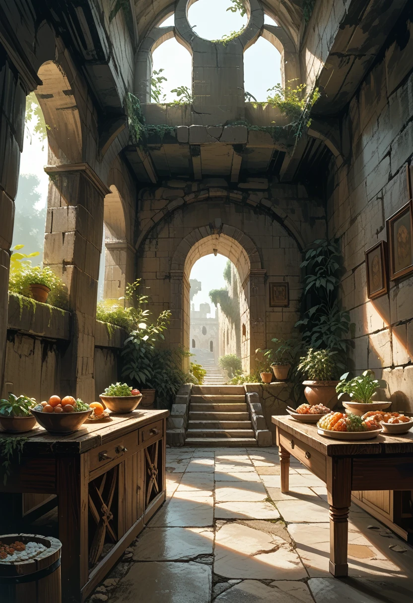 ModelShooting style, (extremely detailed CG 8k wallpaper), in the center of the room is a wide and long wooden table with remnants of food., Old and wide room, with stone walls and a low height, no ceiling, in the back of the room are the ruins of Roman stone arches, Leading out to the garden.  