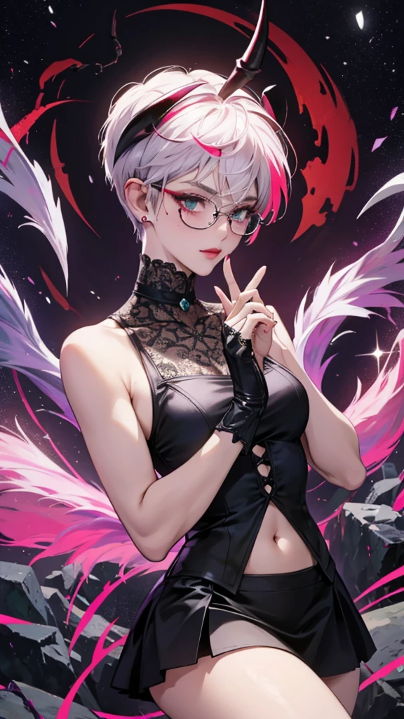 8k, masterpiece, best quality, highly detailed, 1 girl, tiefling, warlock, multicolored hair, very short straight hair green highlight hair on white hair, strippled hair, wearing glasses, round glasses, earrings, long dress with side cut, lace dress, red eyeshadow, long eyelashes,navel piercing, blushed cheek, necklace, collarbone, high heels, mole, glamorous, purple and teal clothing, villainy, smirk, seductive face, close up view, rings, looking at viewer, standing, demon horns, solo, hand touching cheek, school, black lace gloves, holding book, sensei, miniskirt.