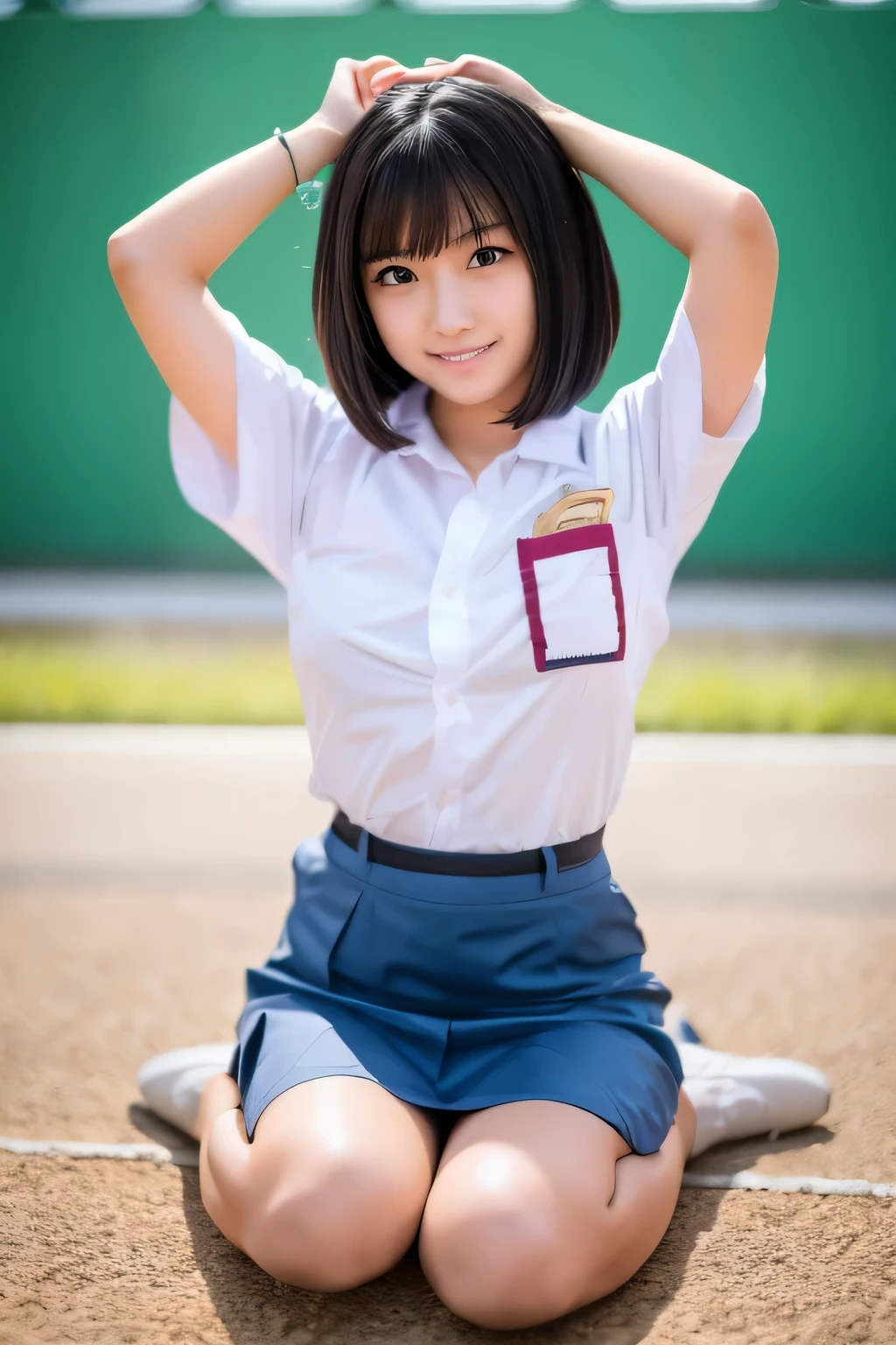 Japanese girl, student, wearing school uniform, short black hair, innocent face, perfect body, lying on the floor, messy room background hands up, legs open, up skirt, thighs, detailed eyes, blush, detailed body, detailed face, full-body potrait, from above Ultra-Wide Angle, depth of field, film grain, UHD, masterpiece, accurate, anatomically correct, super detail, high quality, highres, 8k