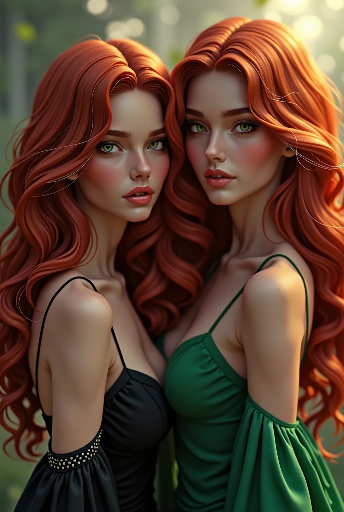 high quality fingers, normal hands, detailed fingers,masterpiece, (realistic, photo-realistic:1.37), (2 woman), katarina from league of legends, medium breast, small waist, dark red hair, blue eyes, beautiful face, perfect illumination, beautiful detailed eyes,looking at viewer, stunningly beautiful woman, detailed hairstyle, detailed background,shorts, detailed fantasy background, (sweat:1)