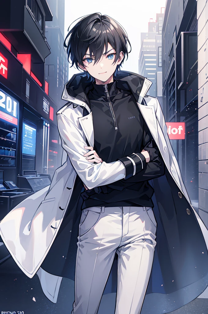 Face_through_torso, 1man, cyberpunk, short_hair(black_hair, hair_between_eyes), sharp_blue_eyes, confident_smile, wearing black hoodie as innerwear, wearing clearly white trench coat, one_hand_in_coat_pocket, mature_male_body_proportions(20s)