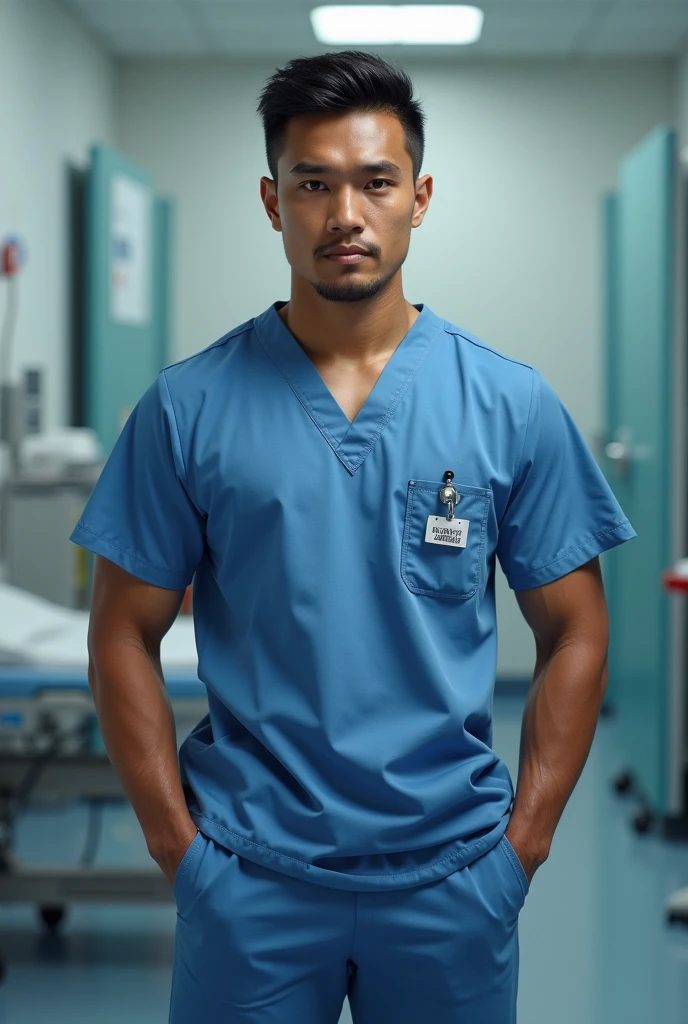 Tomohisa Yamashita in scrubs as a plastic surgeon. Muscular and handsome, no beard.、The scrub is blue