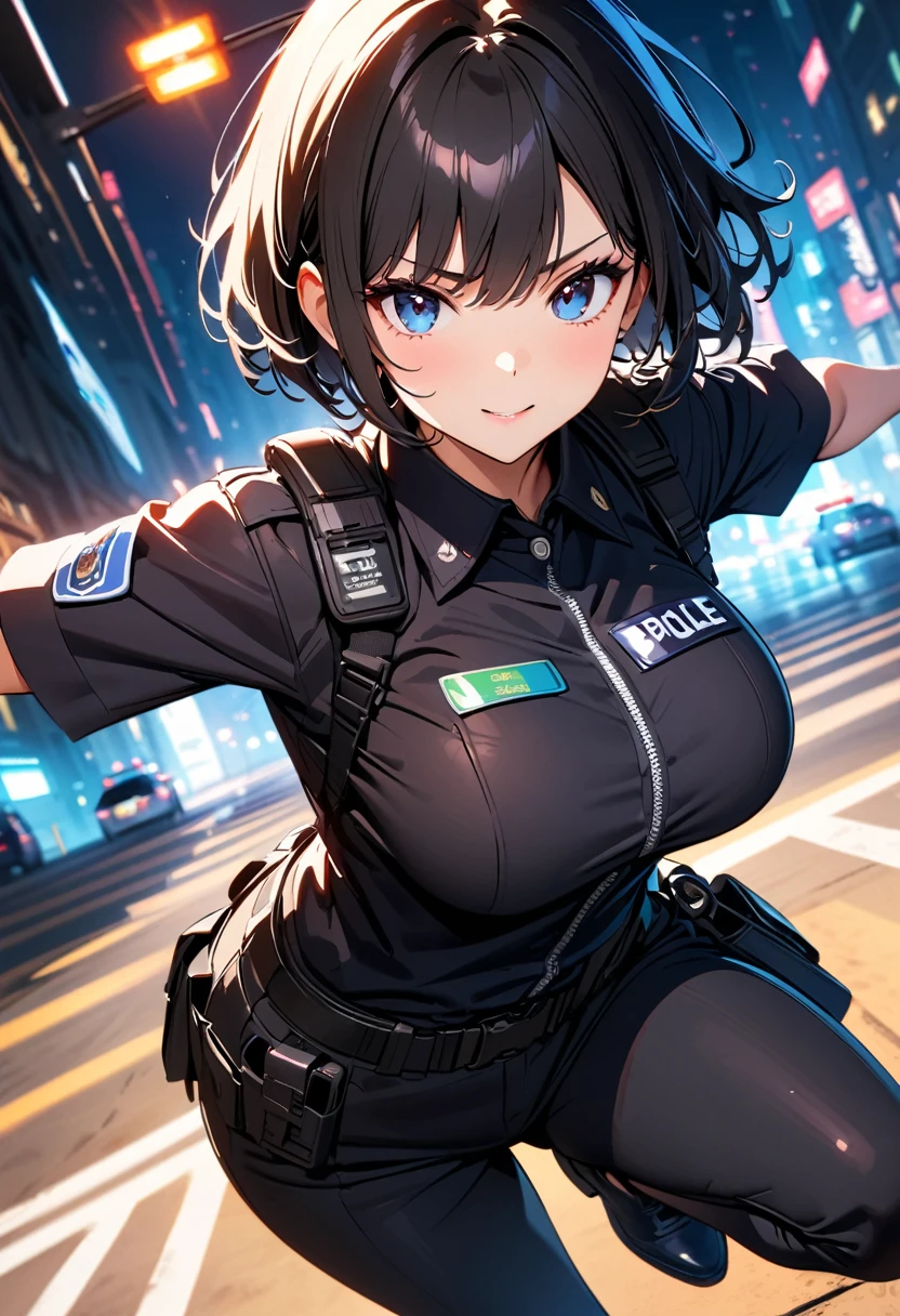 (high quality, 8k, 4K, high contrast, masterpiece:1.2, best quality, best aesthetics), (dynamic angle), Sexy female police officer, Detailed face and body, Beautiful breasts, confident look, (black hair, short hair), Shiny black uniform, Tactical belt with equipment, Glossy Badges and Name Tags, Carrying a small handgun, Standing in a dynamic pose, dutch angle, Flashing police car lights against cityscape background,Camel toe,Legs apart