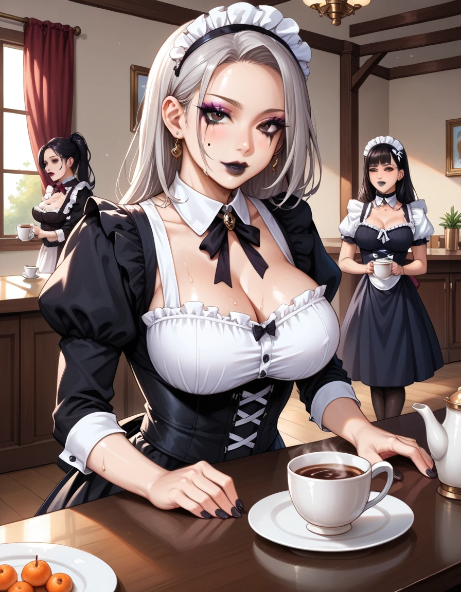 Young beautiful woman,(Highest quality,Extremely detailed depiction,Incredibly absurd high resolution,Anatomically accurate depiction,Curvy Legs,Shiny skin,Porcelain-like skin),(Black and white gothic maid outfit,Maid Skirt,corset,black tights),eyelash,(Silver Hair,Black Eyes,Eyes half closed:1.5,Unfriendly look,Large Breasts,Glossy black lips:1.2,Heavy makeup),Sweat:0.8,(whole body),background:Inside the maid cafe:1.5,Bright atmosphere,coffee,Other women dressed as maids,Pose to welcome guests