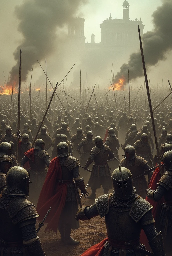 There are many soldiers with red capes and helmets, Directed by: Artur Tarnowski, Estilo de arte de Marc Simonetti, Marcos Simonetti. intrincado, invading army background, Estilo de Marc Simonetti, levando espartanos para a batalha, Marc _ Simonetti, background of invading army, Directed by: Ludwik Konarzewski