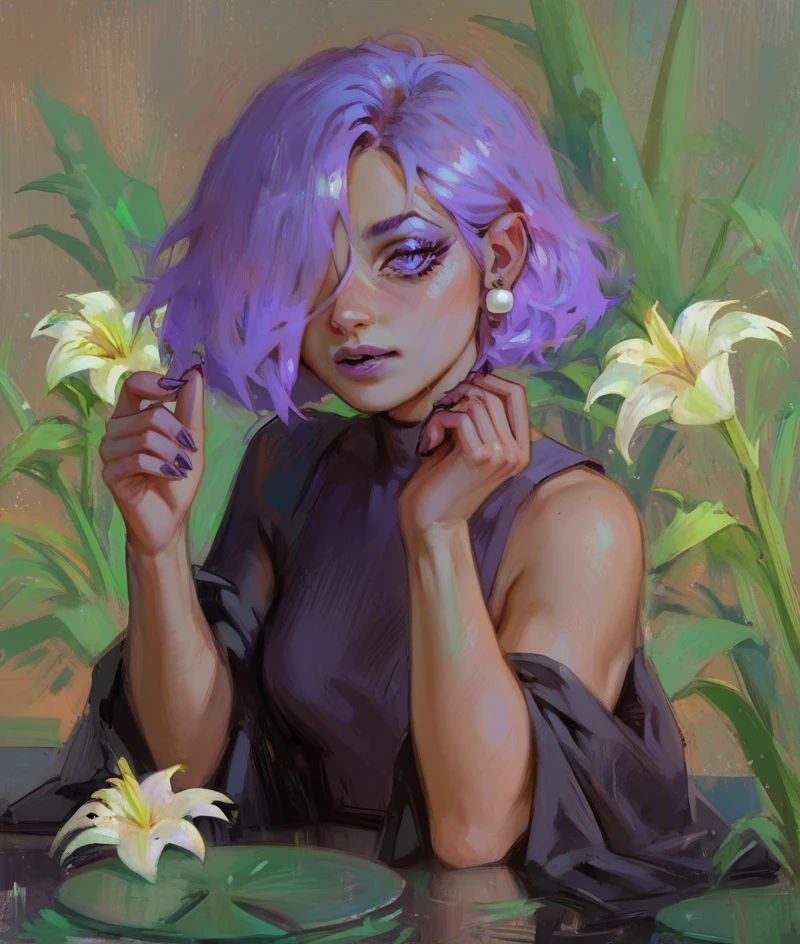 score_9, score_8_up, score_7_up, score_6_up, 1girl, solo, sexy, Lily, LilyDuolingo, girl, light purple hair, hair over one eye, purple nails, thin body, Girl with a Pearl Earring, aid29
