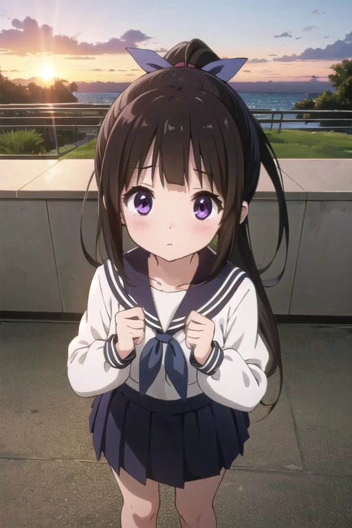 masterpiece,One girl,,blush,sunset,classroom,(Good luck) Clenched hands, Viewer looking up Chitanda Eru,Shining Eyes,close,Long Hair，whole body，Sailor suit，mini skirt，whole body，Navy blue sailor ribbon，ponytail