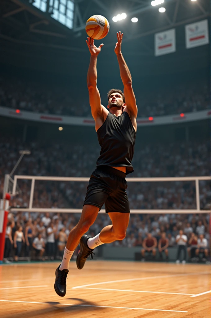 Visualize the classic volleyball, with its white and blue panel design, illuminated by a bright beam descending from the top. Just under the ball, A male player prepares to finish it by jumping The player, dressed in a black sports shirt and shorts, has a dynamic posture, with one foot forward and the other pushing off the ground. His arms are raised, ready to hit the ball with energy. The expression on his face denotes concentration and determination.. Around it, You can see a volleyball court with a net and a lively crowd in the background, who watches with expectation.
The contrast between the player's calm and the lightning's energy creates an exciting and action-packed scene.. And in the background let the text be " WELCOME TO THE RAYOS TEAM"