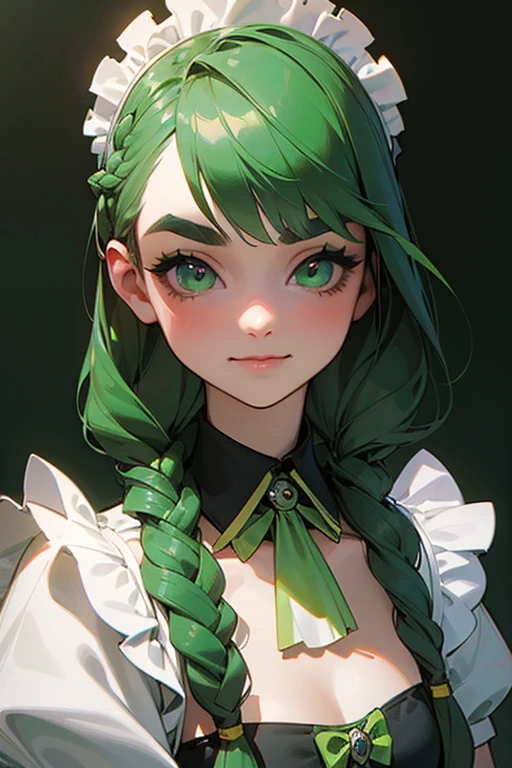 (top-quality), (​masterpiece), (hight resolution), (depth of fields), extremely detailed girl, illustratio, foco nítido, 1girl in, 独奏,(foco nítido), simple background, (green color hair), (half updo), (wavy hair), (Maid headband), (pointy ears, elves), embarrassed from, Blushing Focus, a closeup, Close both eyes, natta, def1