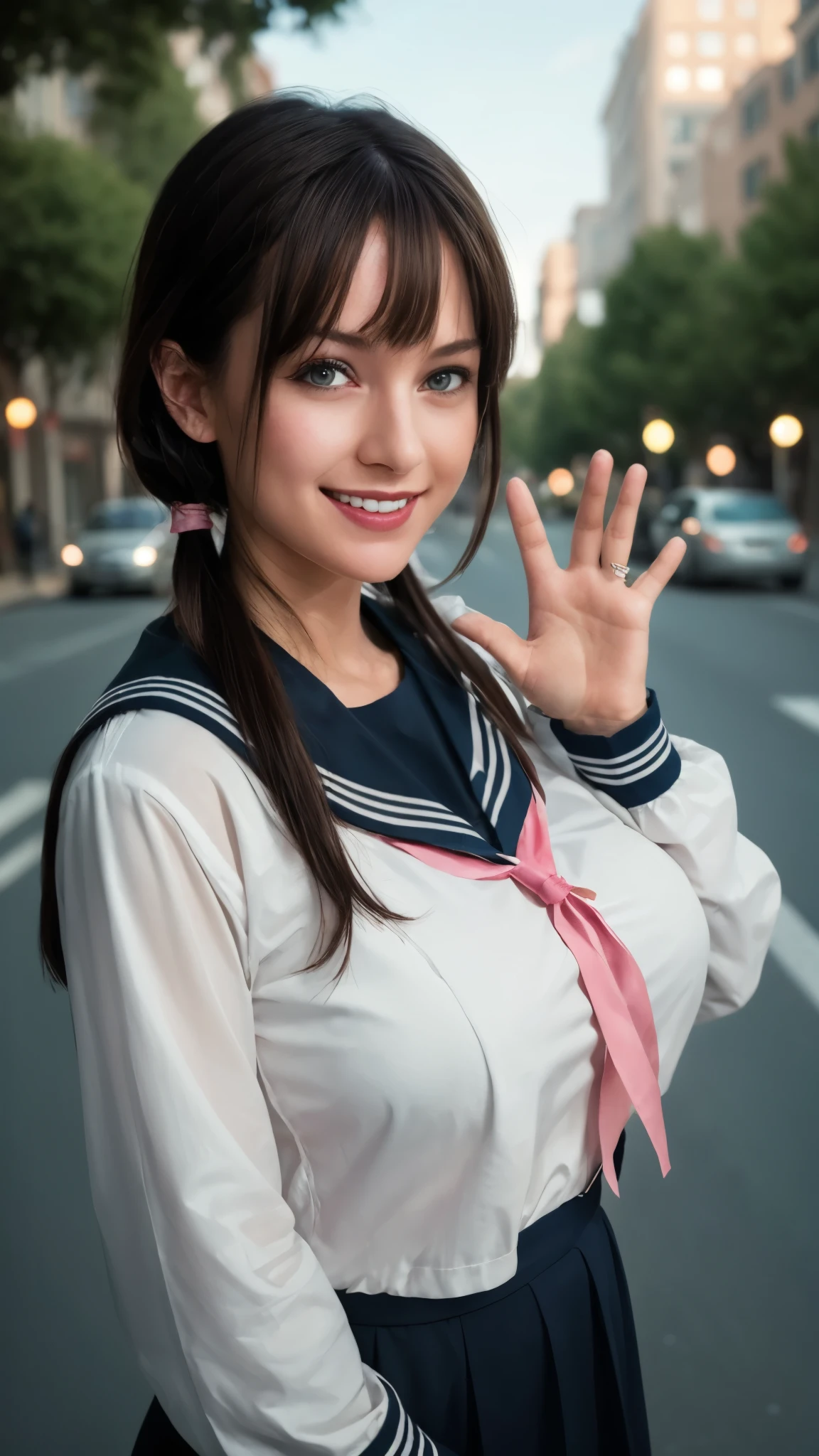 girl blushing, BREAK, girl, detailed face, looking at viewer, shy smile, (blushing:1.2), shy gesture, straight long hair, bangs, detailed face, looking at viewer, sailor collar, blouse, gigantic breasts, long sleeve, sharp focus, street, trees, hills, cloud, natural light, masterpiece, pink ribbon, low twin tails, red ribbon, black hair, apartment, office building, cityscape, modern architecture, blue sky, outdoors, blurry background, bokeh,