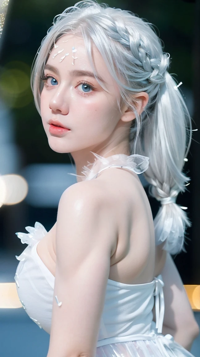 Georgeous, Beautiful, Cute, Baby Face, 1, White Skin, Cleavage, ((Large Colossal Breast:1.3)), Sleeveless, Off Shoulder, Strapless, ((Transparent:1.3)), ((White Long ****ta Dress)), (Embroidery), Posing, ((Silver Hair)), ((Bright Blue Eye)), ((Muscles:1.3)), ((Bokeh:1.3)), Animal Farmer Background, Masterpiece, Twintails