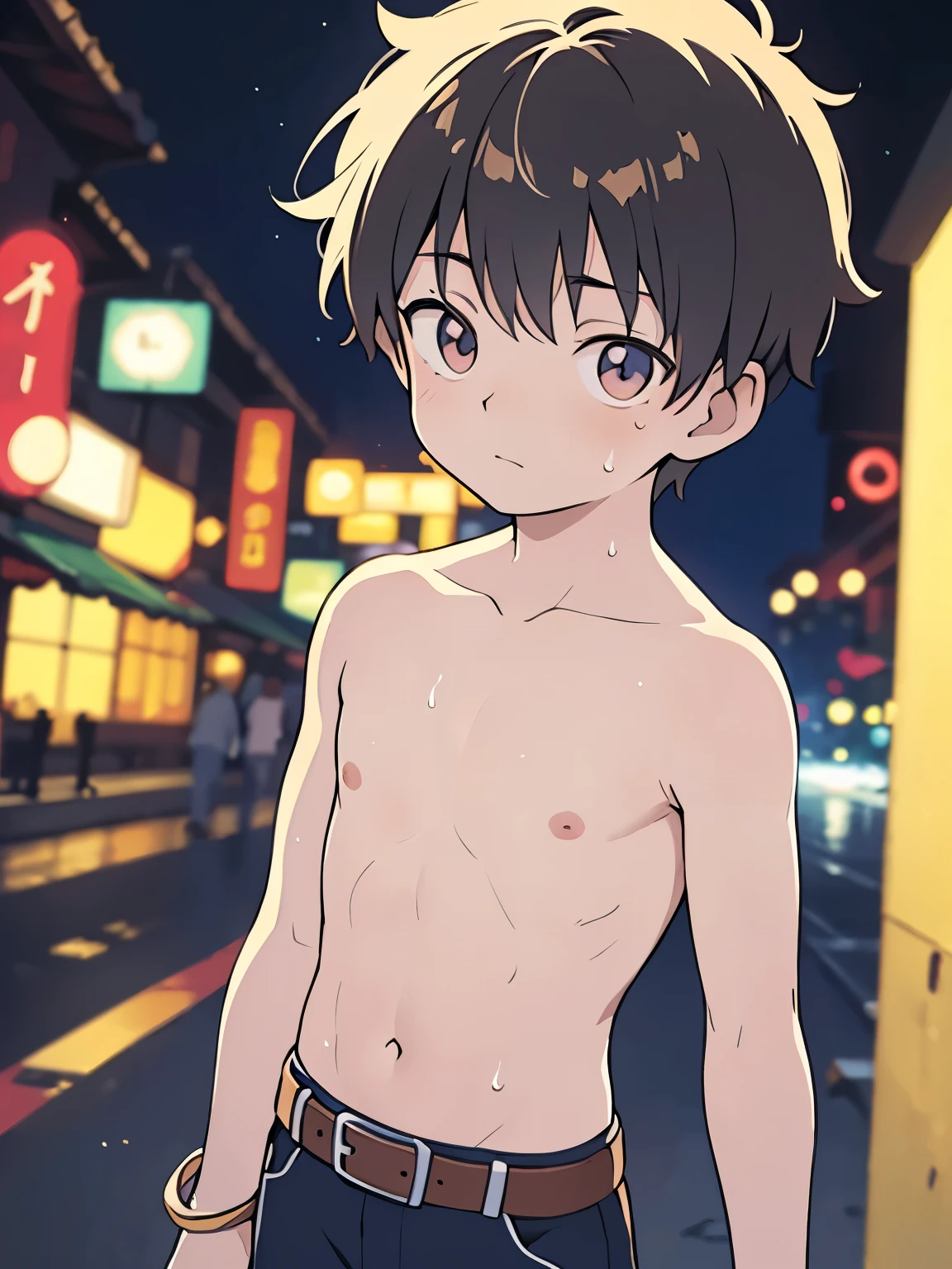 Highres, Masterpiece, Best quality at best,Best Quality,hight quality, hight detailed, Anime style, 1boy, teenager, cuddle, pretty face, Shota, young boy, Shirtless, bare chest, bare shoulder, belt, 15-years-old, handsome, gay, yaoi, (Showing armpit:1.3), (very young boy), (very small and short body), simple beckground, cute boy, Uhd, bokeh, sweat